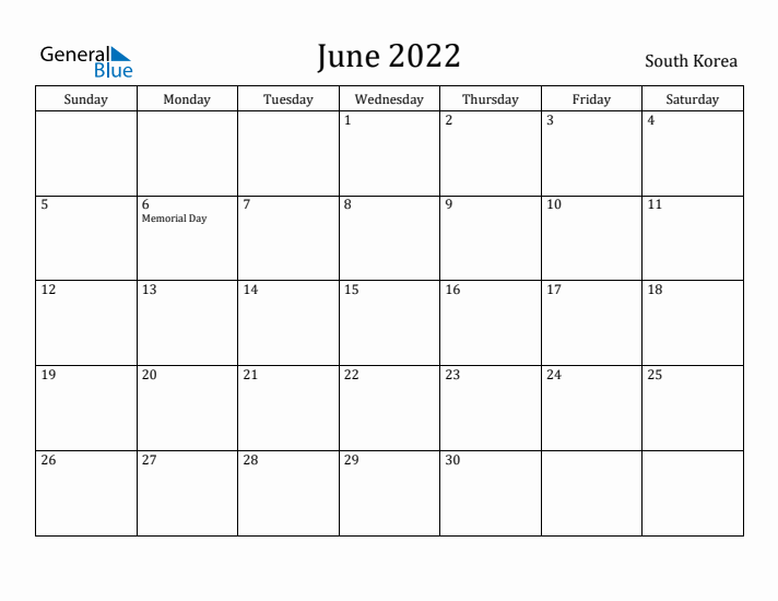 June 2022 Calendar South Korea