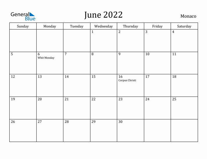 June 2022 Calendar Monaco