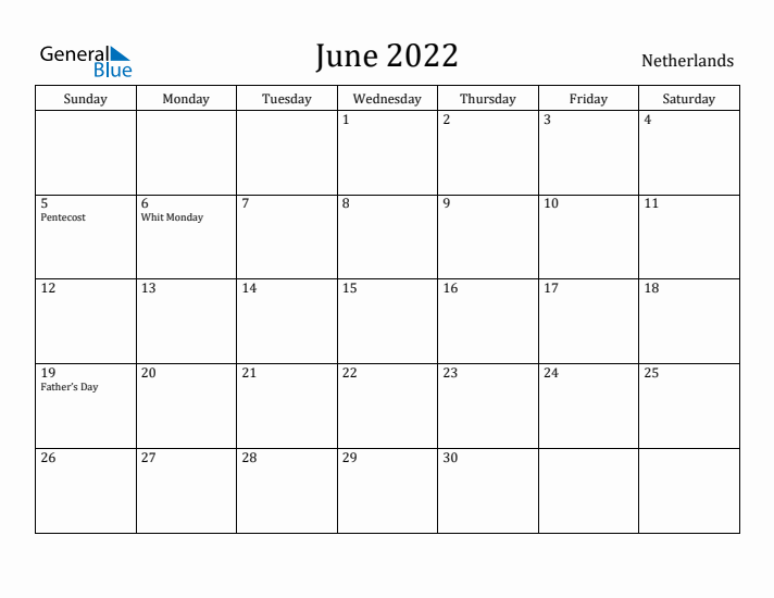 June 2022 Calendar The Netherlands