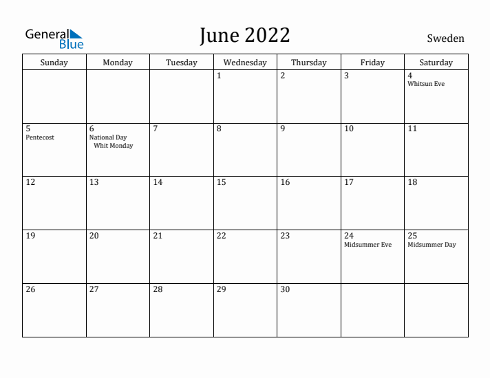 June 2022 Calendar Sweden
