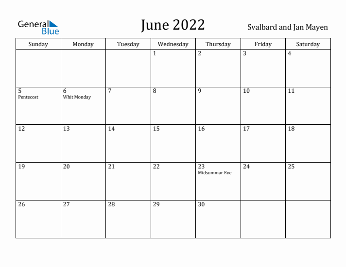 June 2022 Calendar Svalbard and Jan Mayen