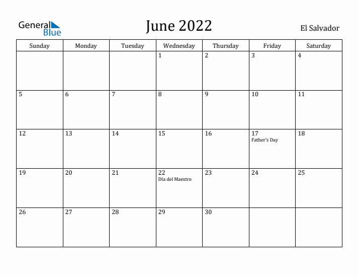June 2022 Calendar El Salvador
