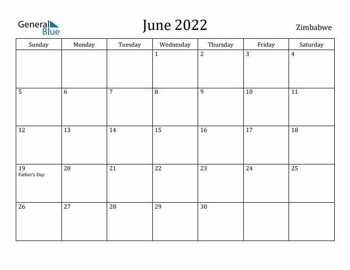 June 2022 Calendar Zimbabwe