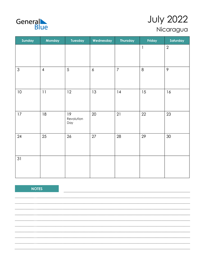 Calendar with Notes Printable