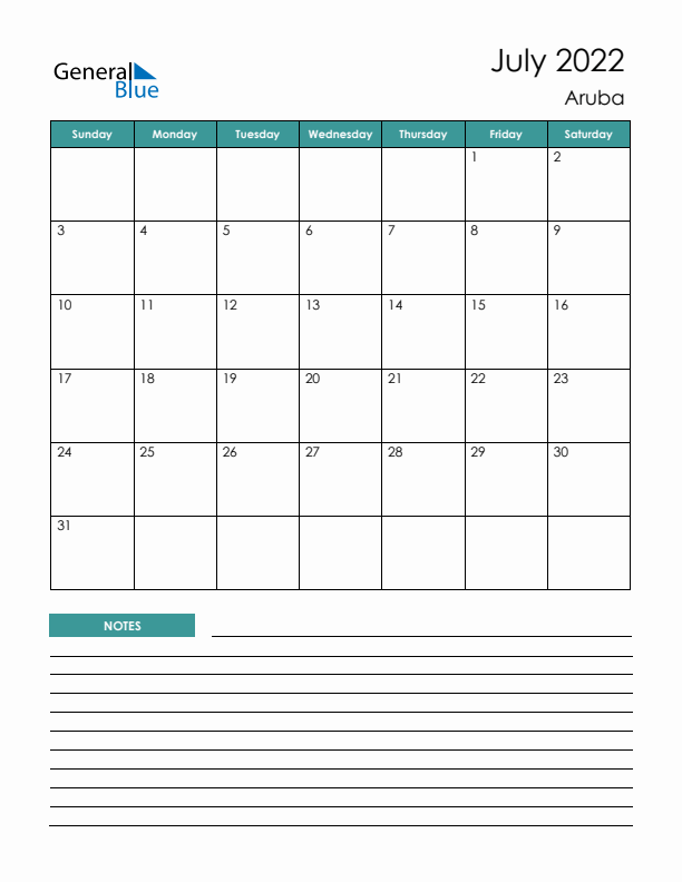 Calendar with Notes Printable - Sunday Start