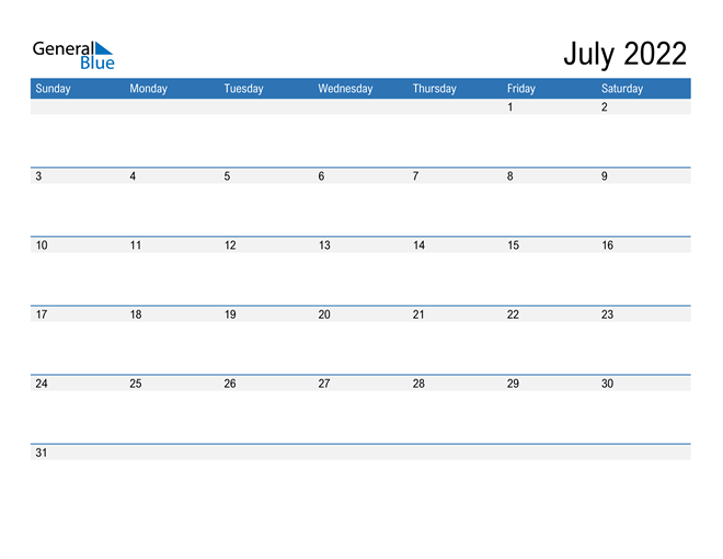  Fillable Calendar for July 2022