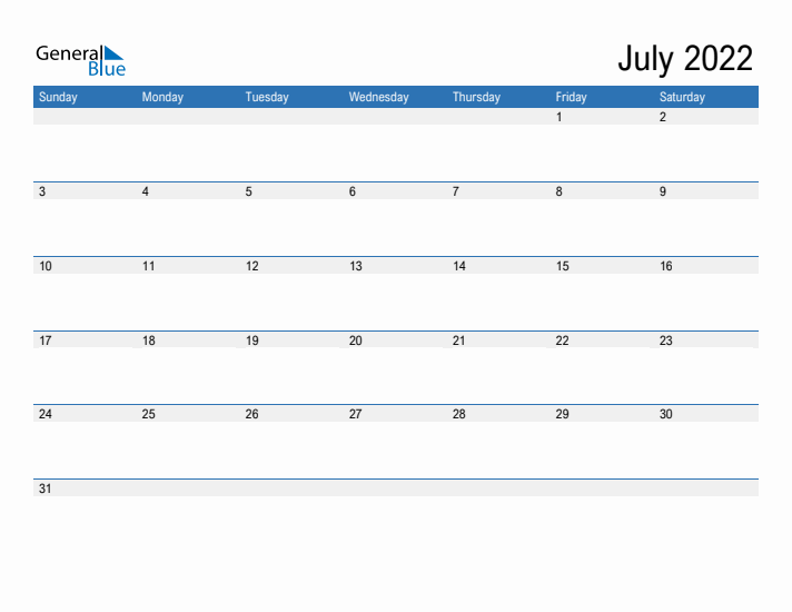 Fillable Calendar for July 2022