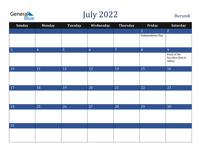 July 2022 Burundi Calendar