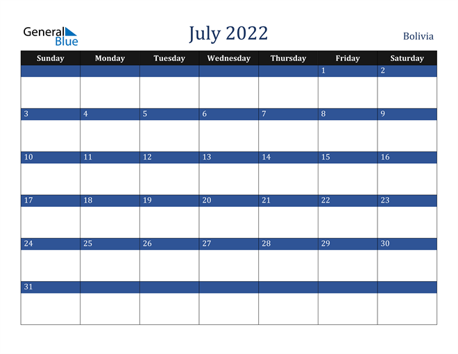 July 2022 Bolivia Calendar