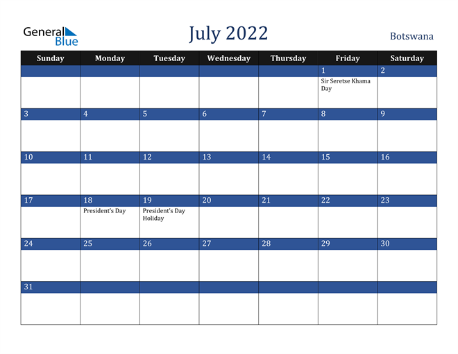 July 2022 Botswana Calendar