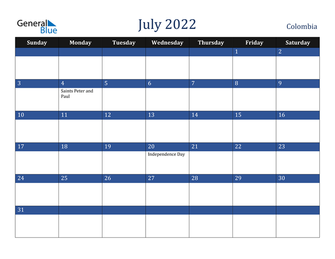 July 2022 Colombia Calendar