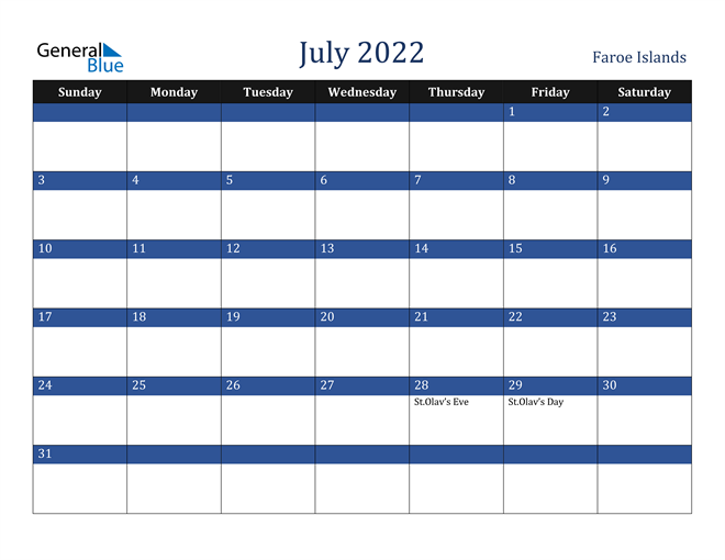 July 2022 Faroe Islands Calendar