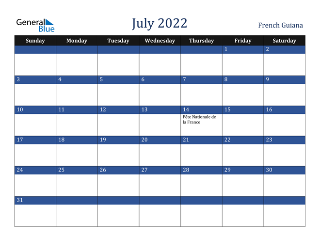 July 2022 French Guiana Calendar