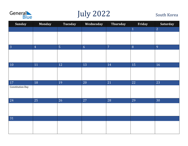 July 2022 South Korea Calendar
