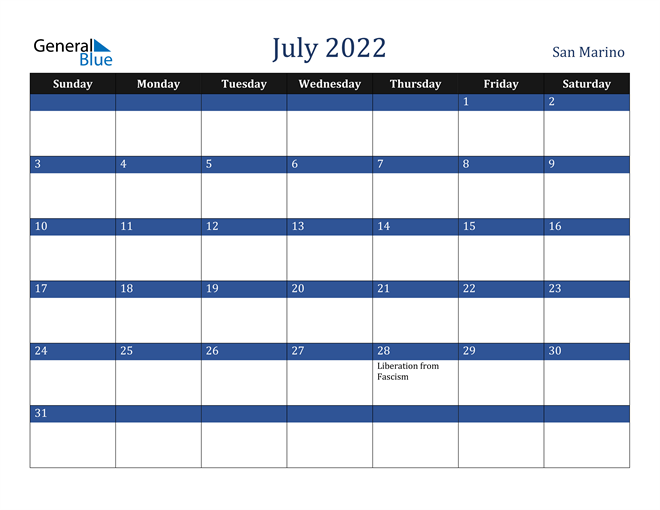 July 2022 San Marino Calendar