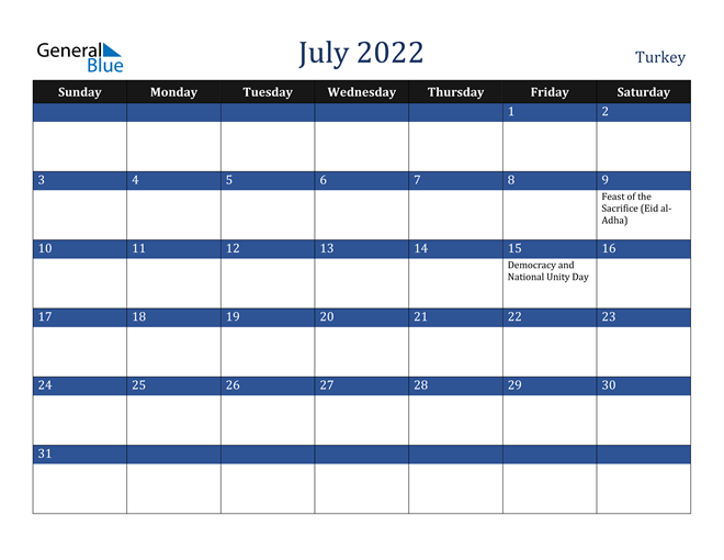 July 2022 Turkey Calendar