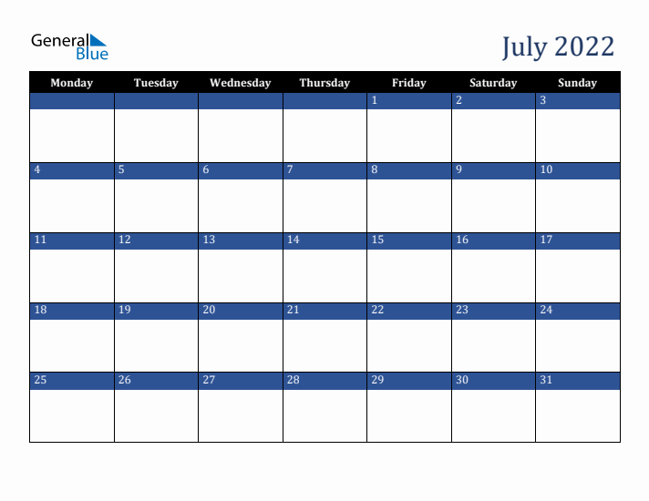 Monday Start Calendar for July 2022