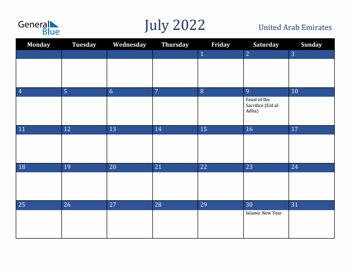 July 2022 United Arab Emirates Calendar (Monday Start)
