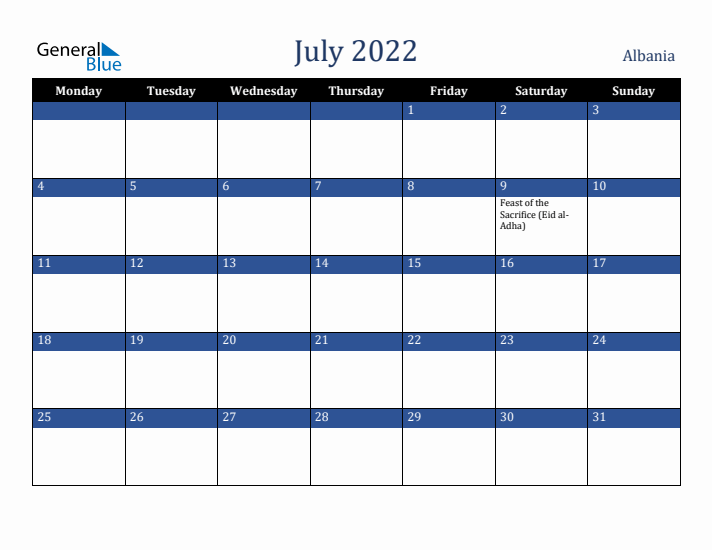 July 2022 Albania Calendar (Monday Start)