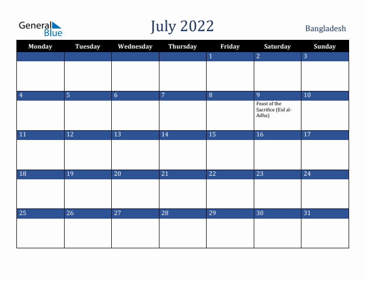 July 2022 Bangladesh Calendar (Monday Start)