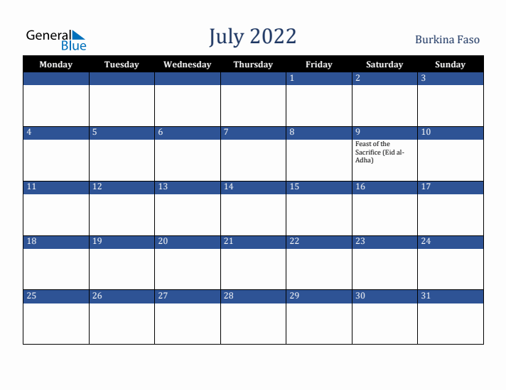 July 2022 Burkina Faso Calendar (Monday Start)