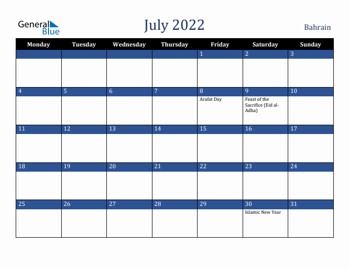 July 2022 Bahrain Calendar (Monday Start)
