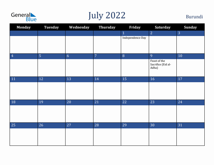July 2022 Burundi Calendar (Monday Start)