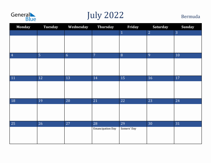 July 2022 Bermuda Calendar (Monday Start)