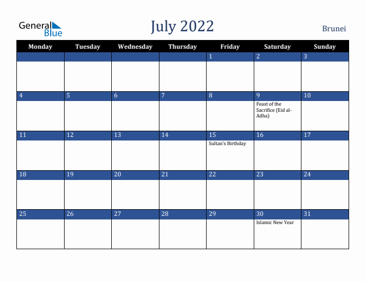 July 2022 Brunei Calendar (Monday Start)