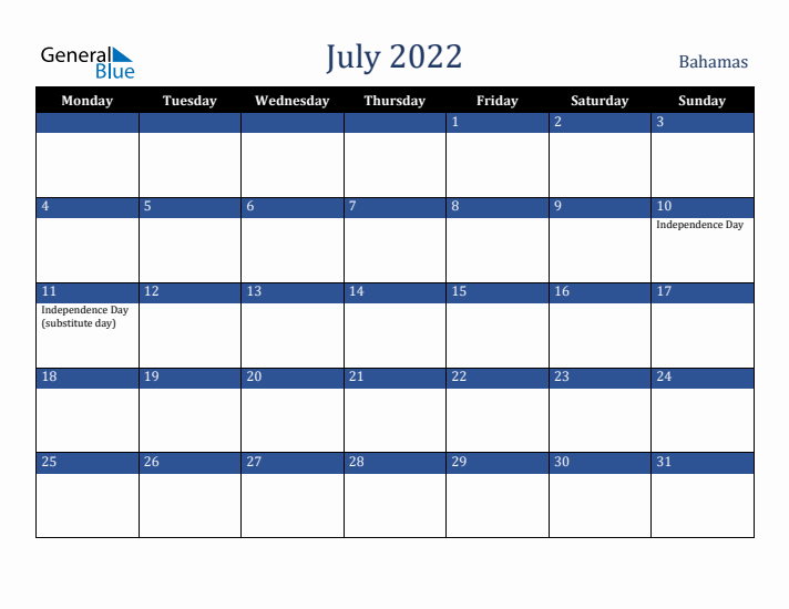July 2022 Bahamas Calendar (Monday Start)