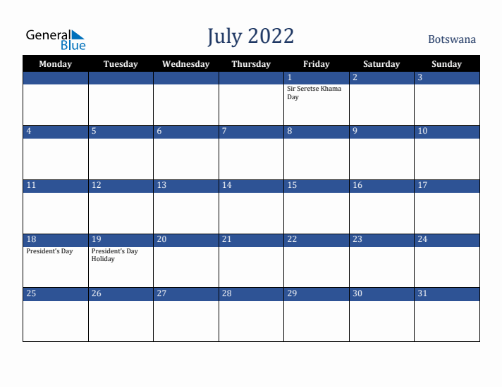 July 2022 Botswana Calendar (Monday Start)