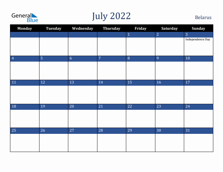 July 2022 Belarus Calendar (Monday Start)