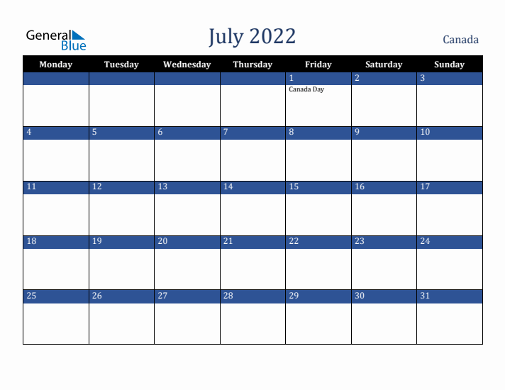 July 2022 Canada Calendar (Monday Start)