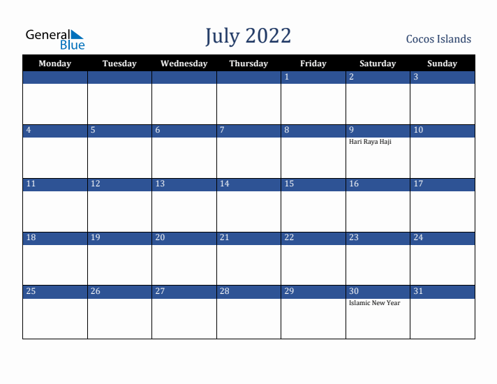 July 2022 Cocos Islands Calendar (Monday Start)