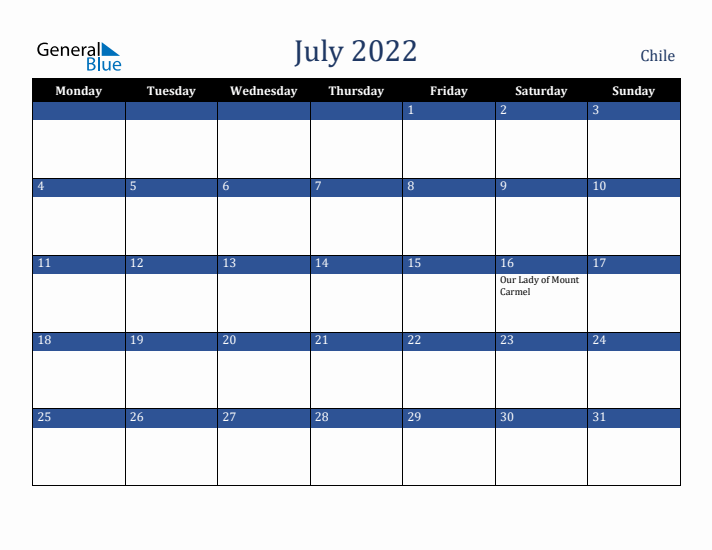 July 2022 Chile Calendar (Monday Start)