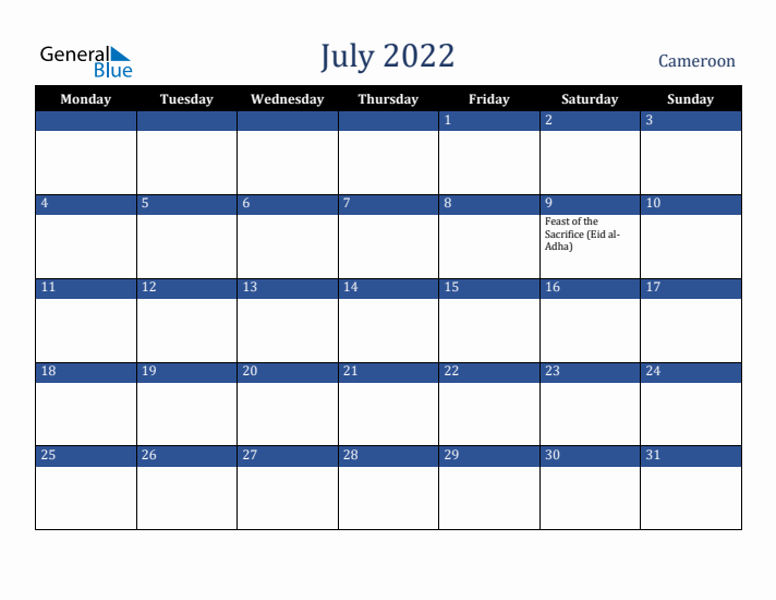 July 2022 Cameroon Calendar (Monday Start)