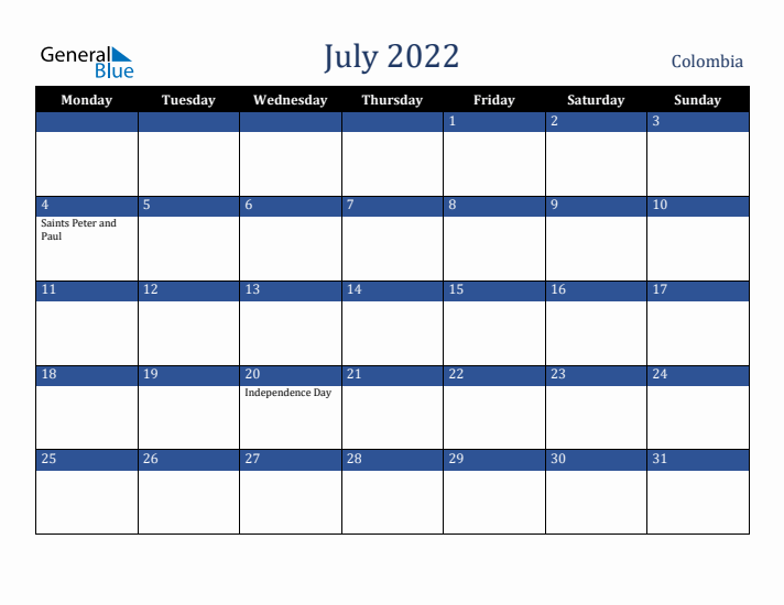 July 2022 Colombia Calendar (Monday Start)