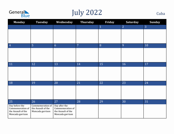 July 2022 Cuba Calendar (Monday Start)