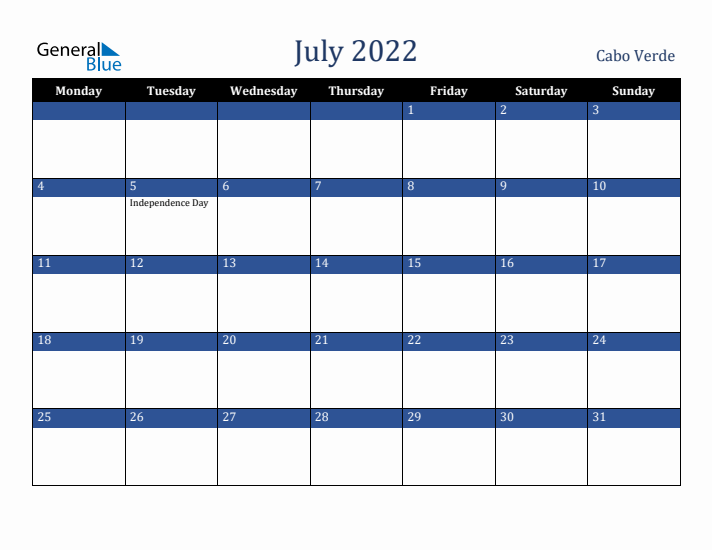 July 2022 Cabo Verde Calendar (Monday Start)