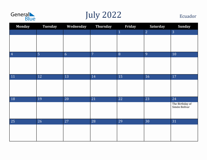 July 2022 Ecuador Calendar (Monday Start)