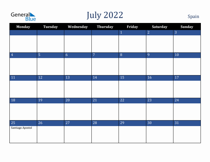 July 2022 Spain Calendar (Monday Start)