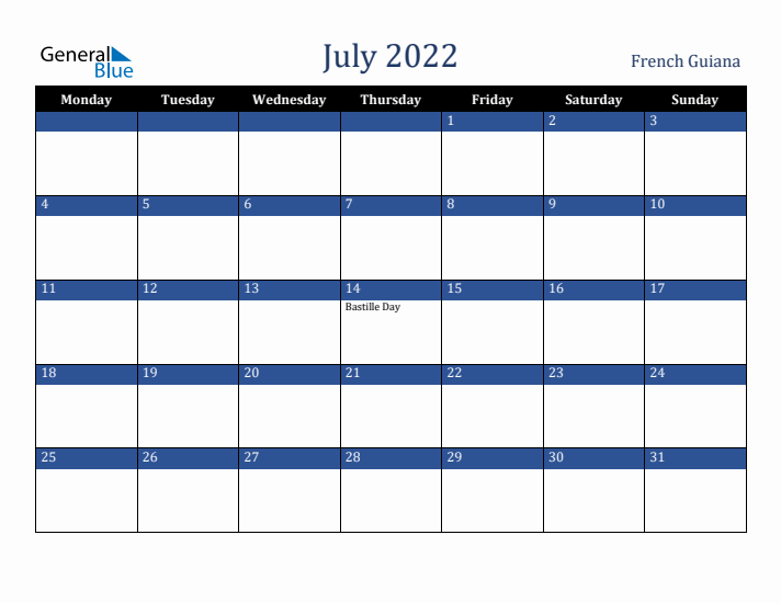 July 2022 French Guiana Calendar (Monday Start)