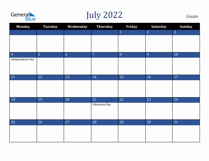 July 2022 Guam Calendar (Monday Start)
