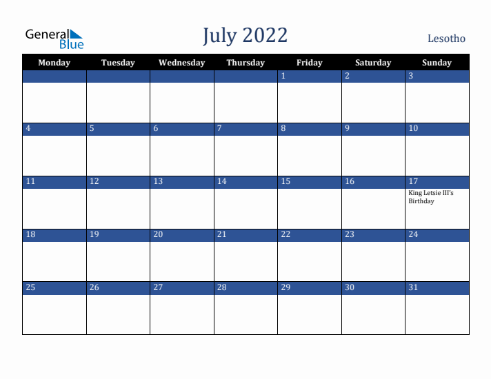 July 2022 Lesotho Calendar (Monday Start)