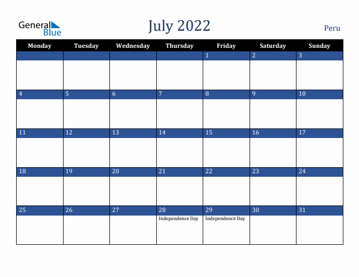 July 2022 Peru Calendar (Monday Start)
