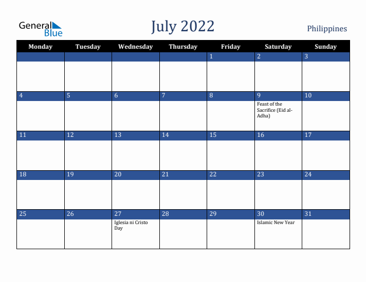 July 2022 Philippines Calendar (Monday Start)