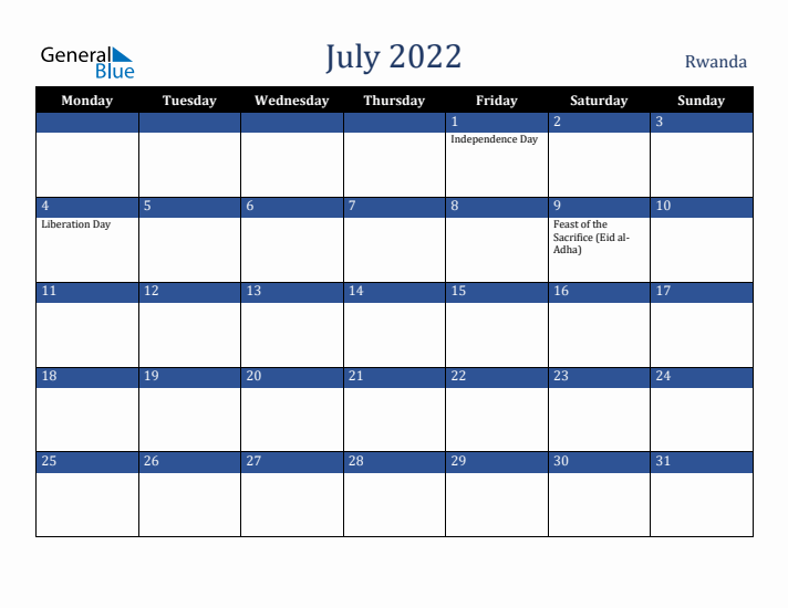 July 2022 Rwanda Calendar (Monday Start)