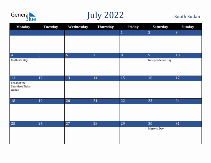 July 2022 South Sudan Calendar (Monday Start)