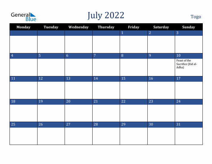 July 2022 Togo Calendar (Monday Start)