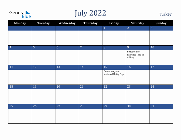 July 2022 Turkey Calendar (Monday Start)